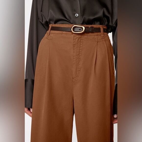 NWOT Frame Pleat Front Wide Leg High Rise Cotton Chino Pants in Camel $348 Sz 30 - Picture 2 of 16